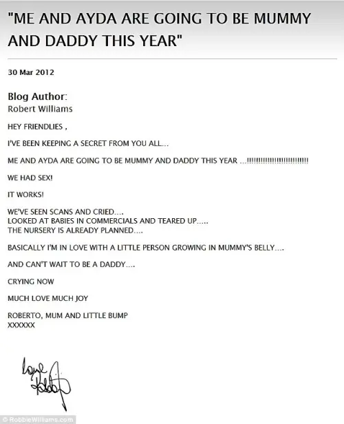 Robbie Williams presto papà: la sua Ayda è incinta